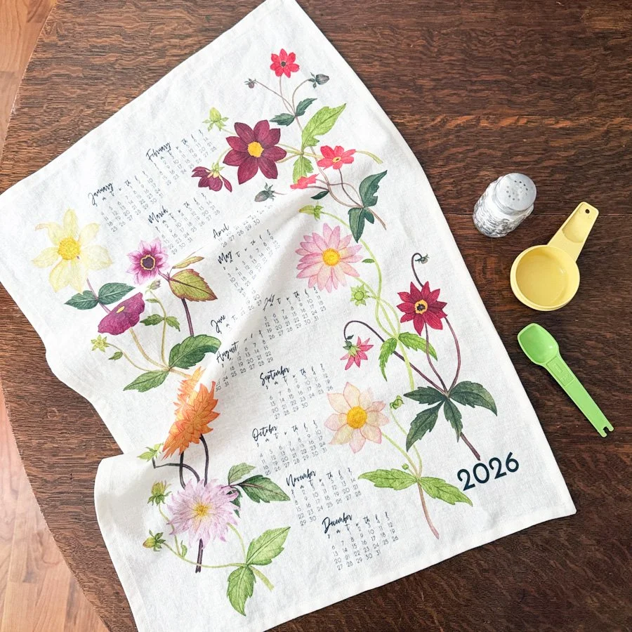 Beautiful Watercolor Dahlias Tea Towel Calendar for 2026