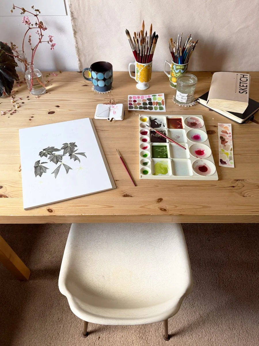 a watercolor painting of a begonia plant in process on my painting table