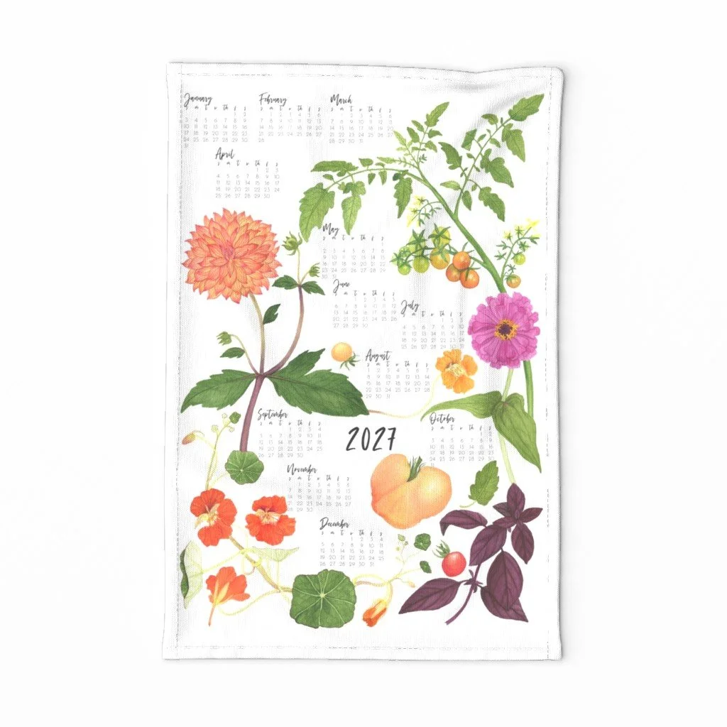 a joyful garden depicted in watercolor adorns this beautiful 2027 tea towel calendar by artist Anne Butera