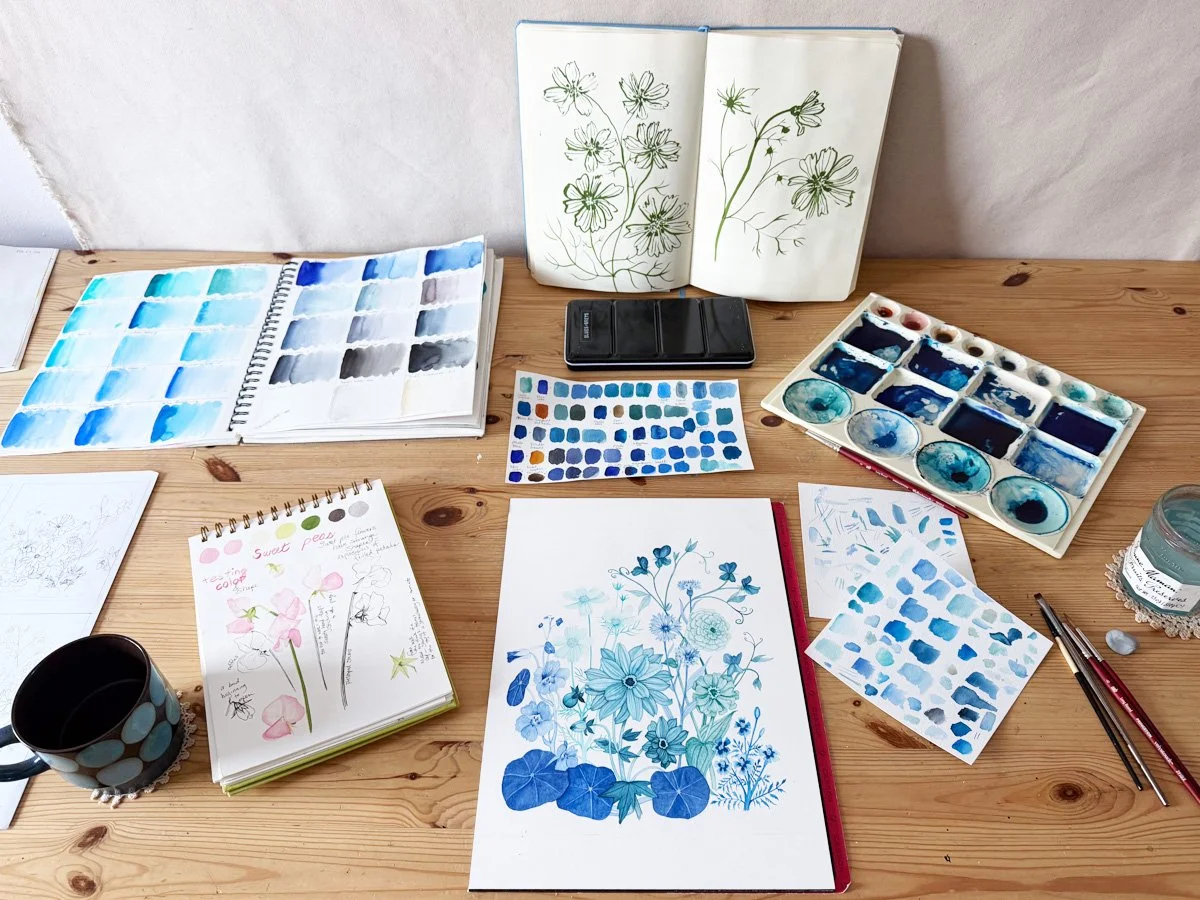 Painting process for a botanical watercolor includes studying sketchbooks and making thumbnails