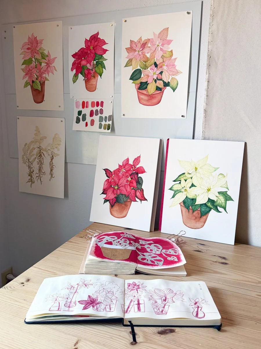 paintings and sketchbooks in Anne Butera's Studio capture winter inspiration