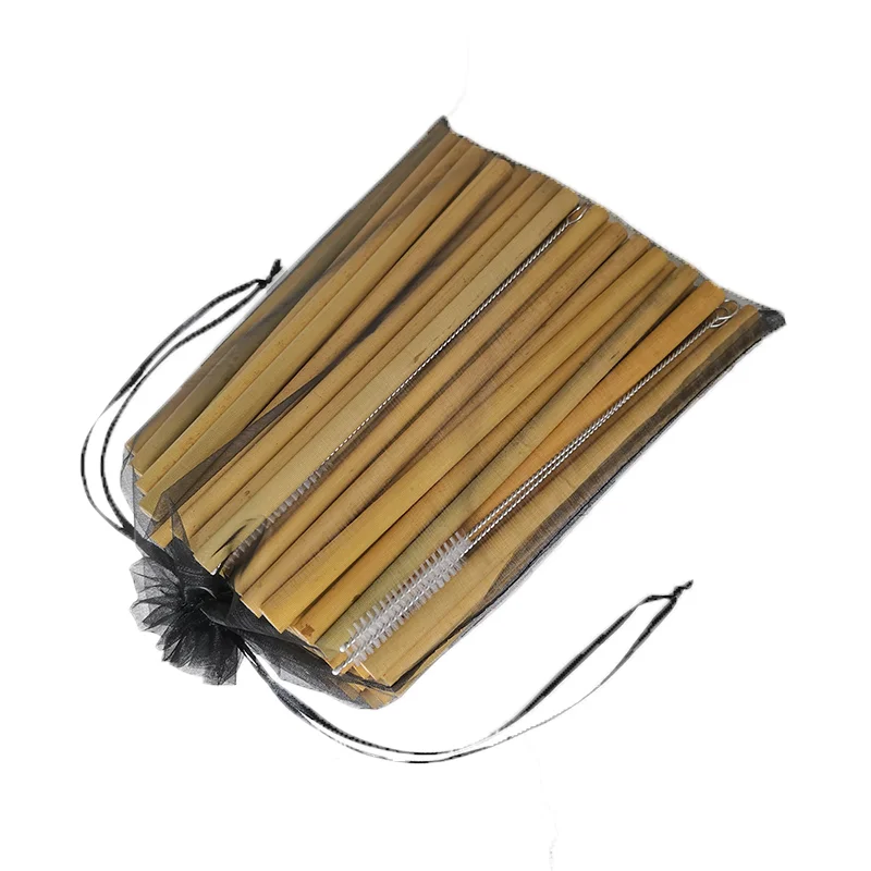 100 Yellow Bamboo Straws &amp; 10 Brushes in a Black Yarn Bag