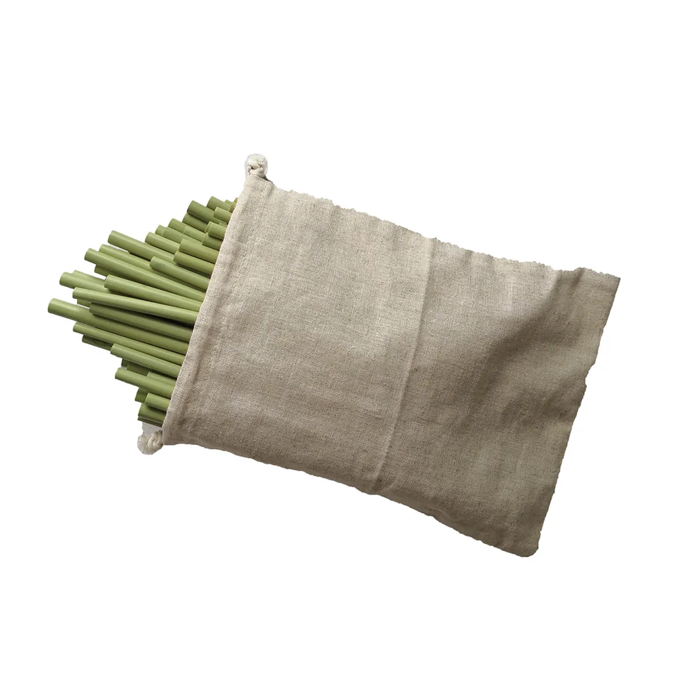 100 Green Bamboo Straws &amp; 10 Brushes in a Linen Bag