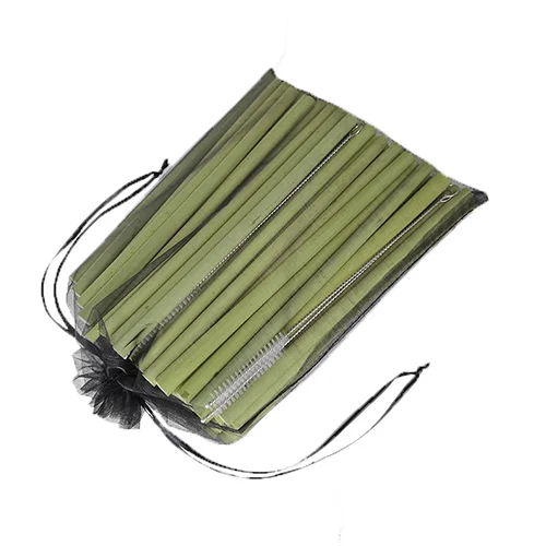 100 Green Bamboo Straws &amp; 10 Brushes in a Black Yarn Bag