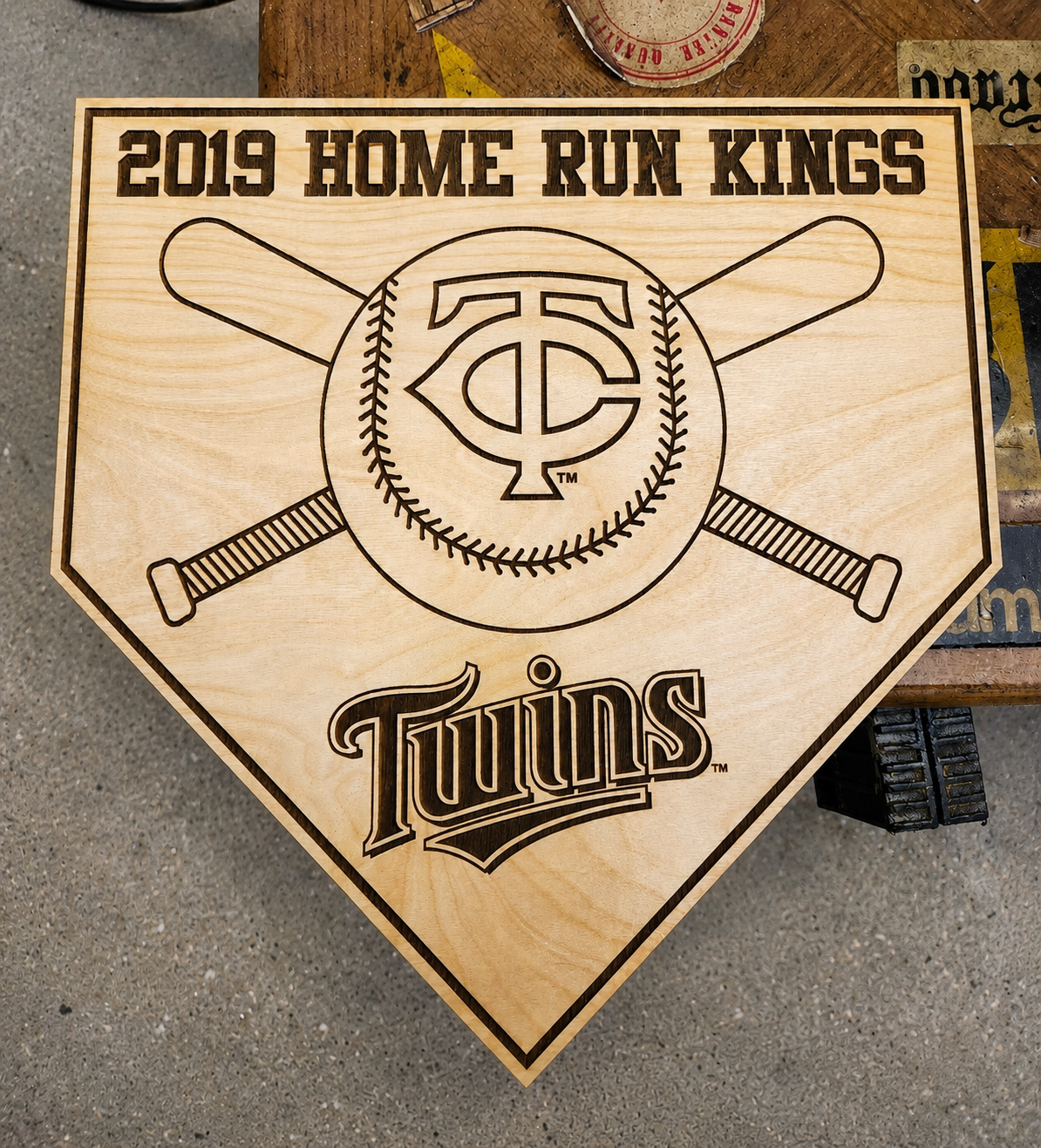 Custom laser-engraved wood baseball trophy and home plate award with personalized team and event artwork