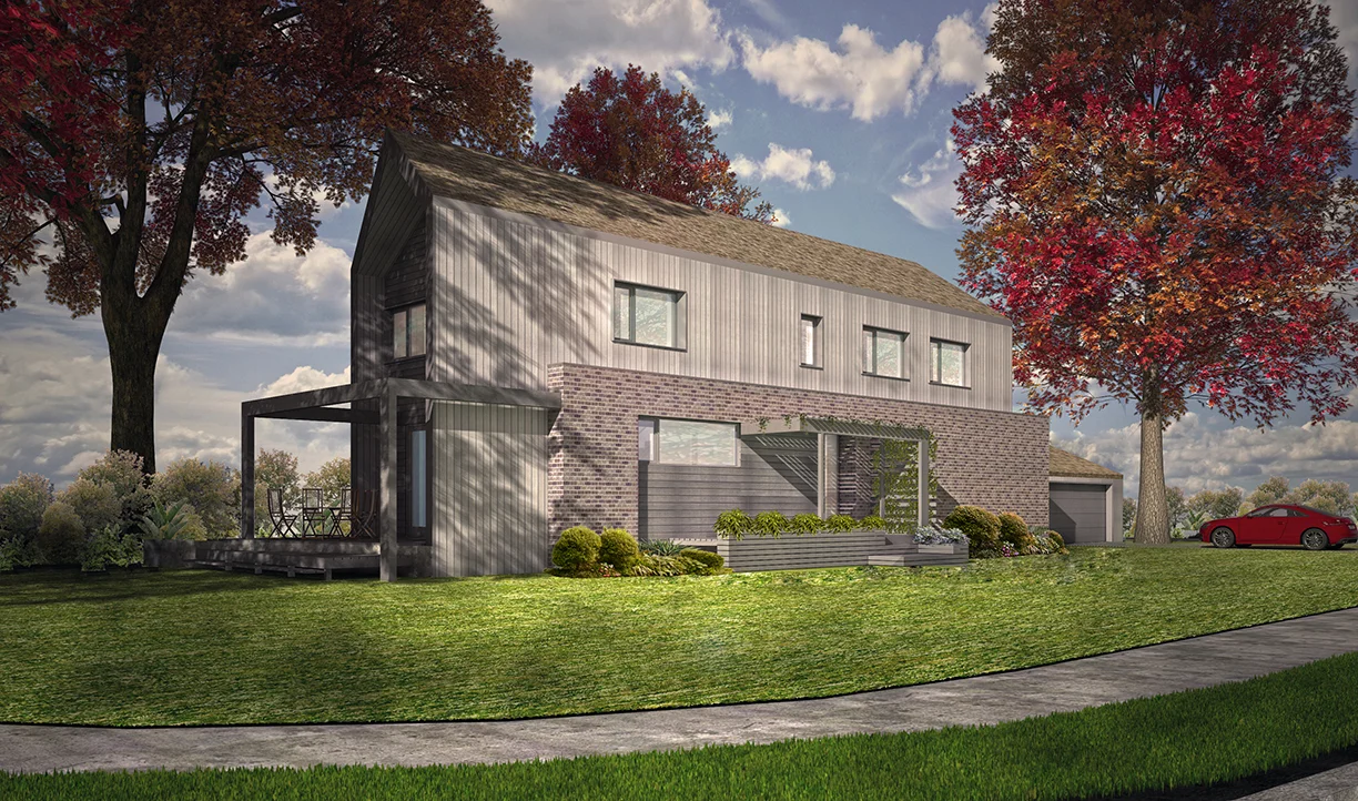 The initial design that was submitted to the city. Features such as the protruding wall an even floor heights on the first floor made this design cost prohibitive.