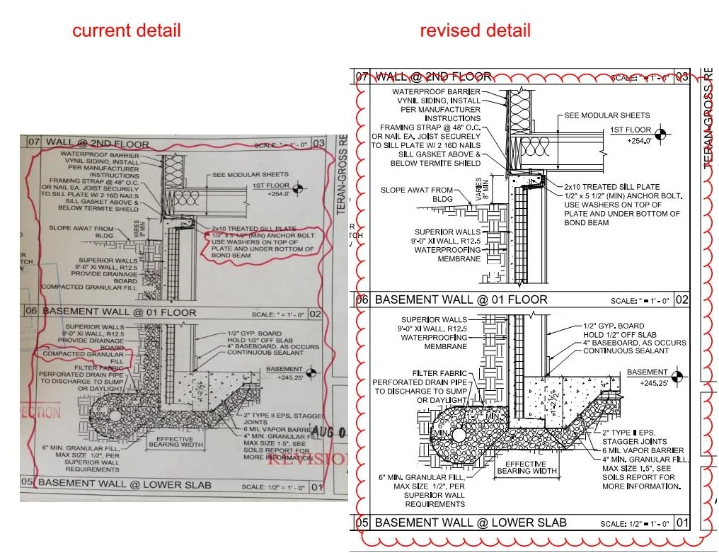 Approved detail on the left with gravel and what I want the city to approve with no gravel along the side of the wall. Only dirt! This will save a few thousand dollars. 