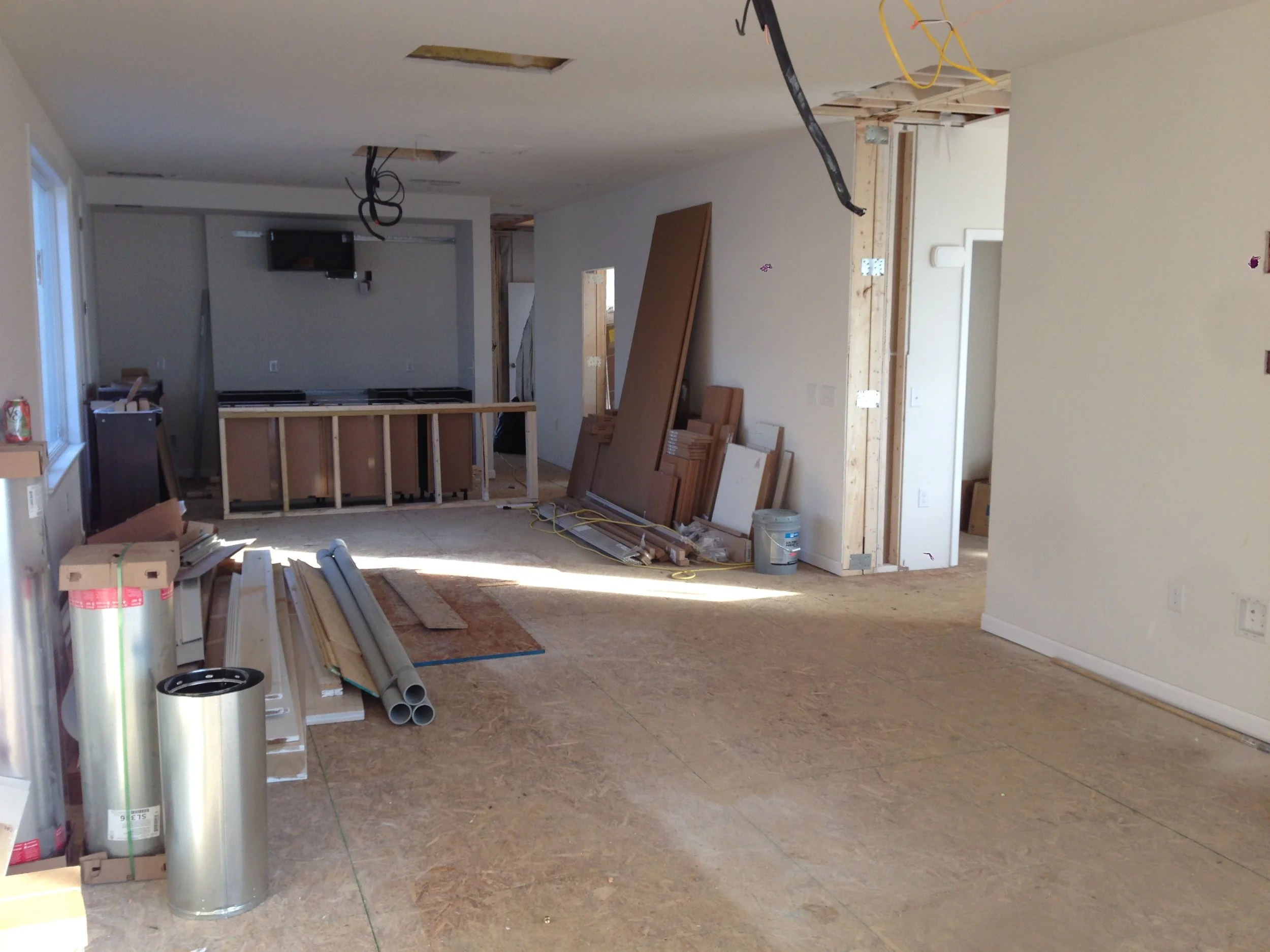 The living room cleaned as the 12-0" sliding doors are installed. All looks good except for the cabinets being to wide. Good thing I caught the mistake in time.