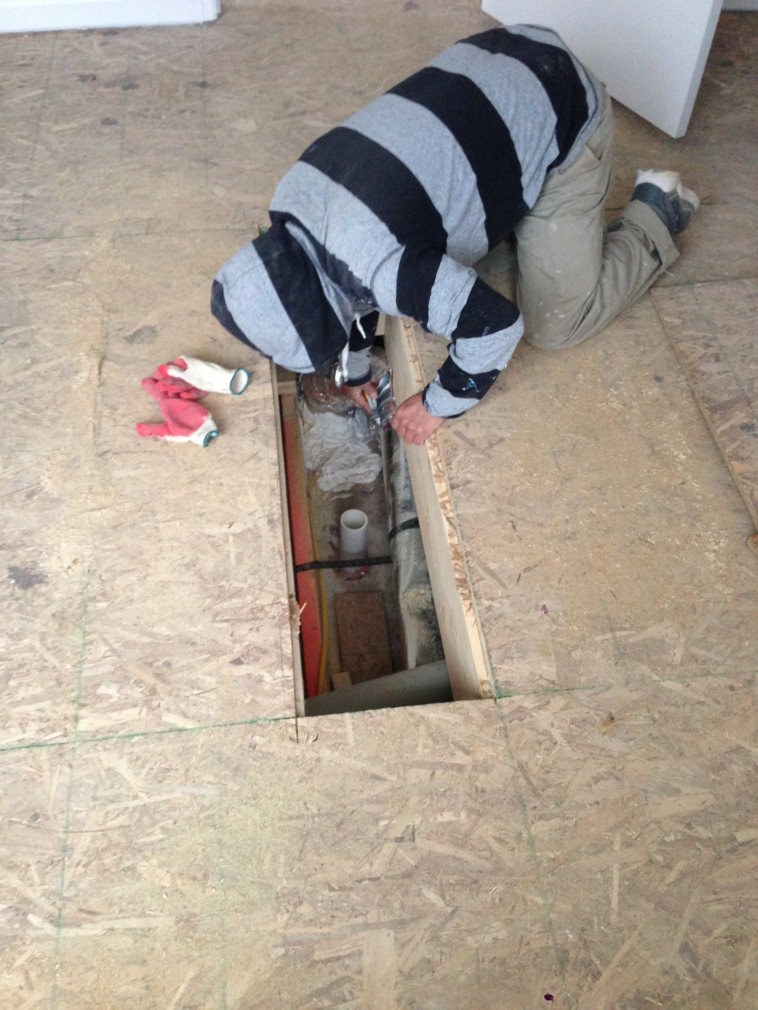 Rudy had to cut the floor to get to the damaged kitchen exhaust. This should be completed in a day.