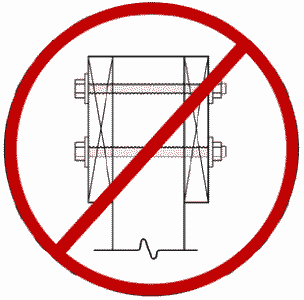 Prohibited beam to post detail. This puts all the load on the bolts and not the post. This can easily snap. Especially if there is a dance party right on top!