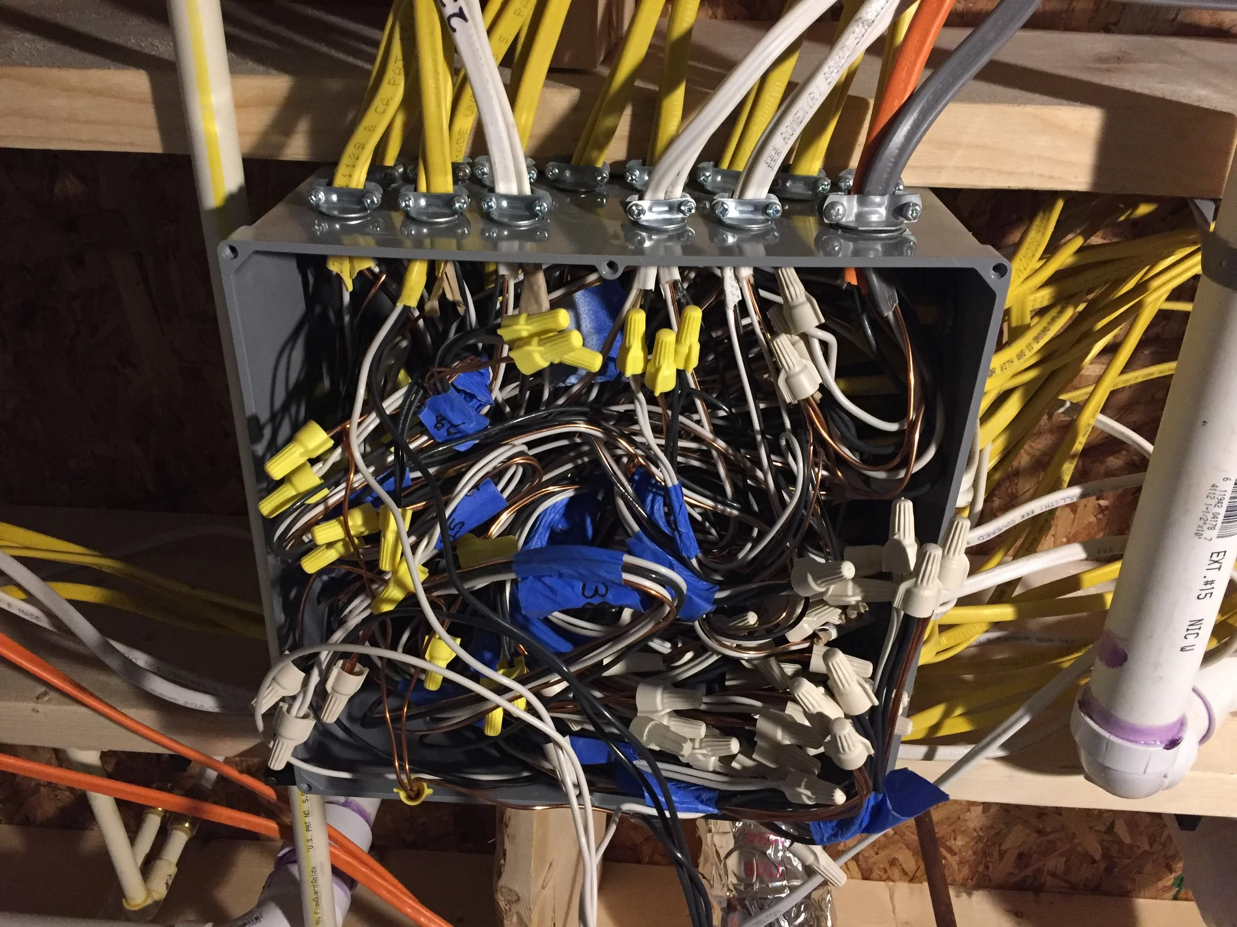 All my wires connected from the prefab portion of the home from the wires coming from the sub panels. Lots of connections.