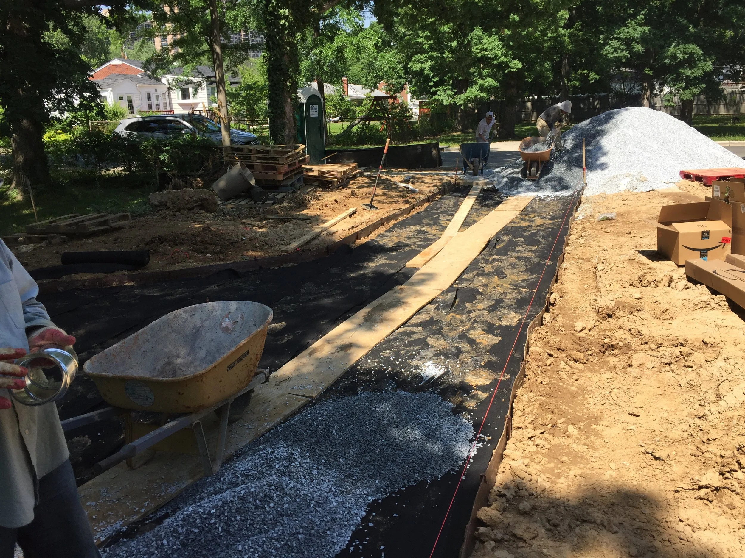 Step 1: Smoothing out the dirt and compacting Step 2: Pacing the side edges Step 3: Installing the filter fabric at the base Step 4: Installing 4" of gravel