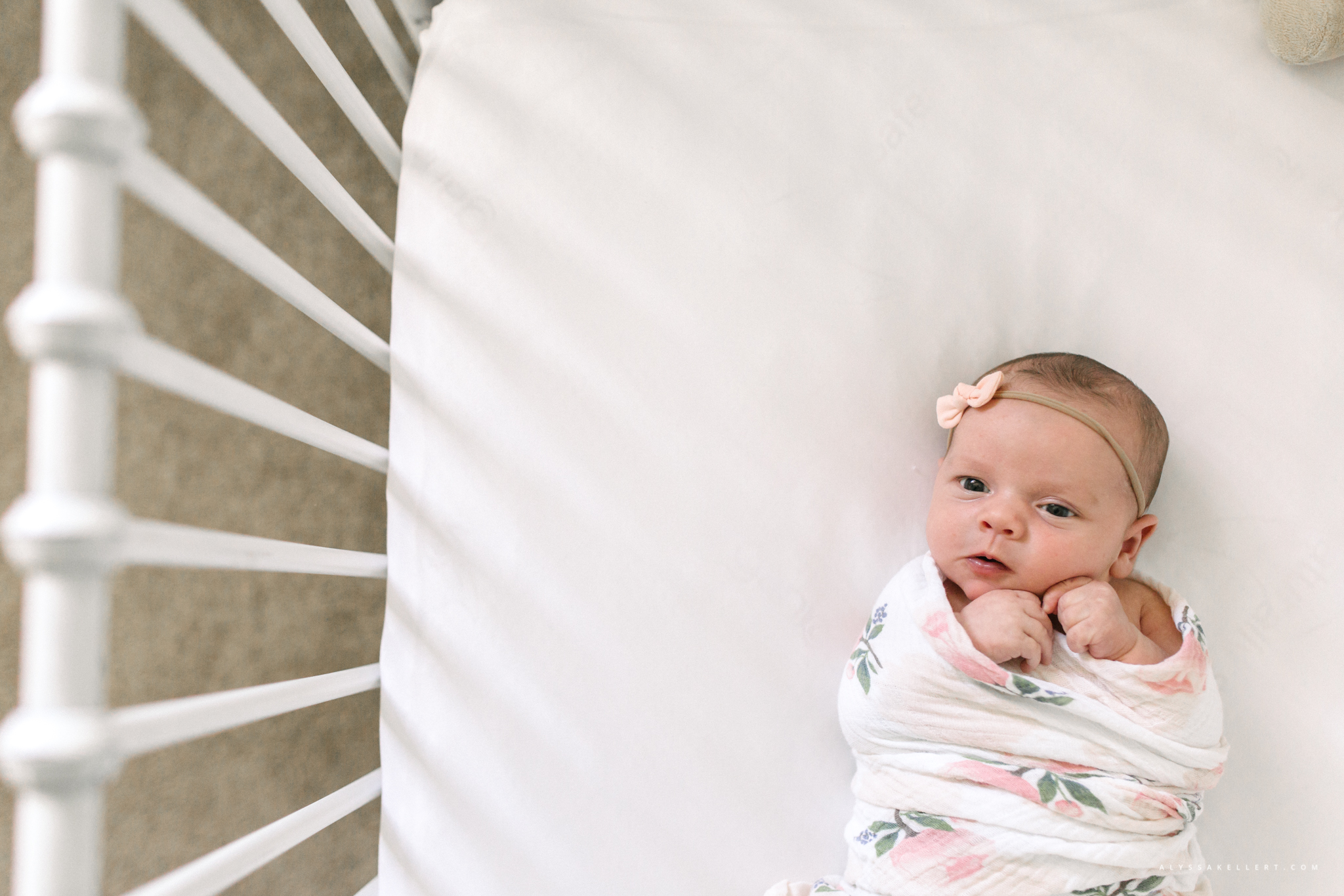 baby girl lying in crib during newborn photo session
