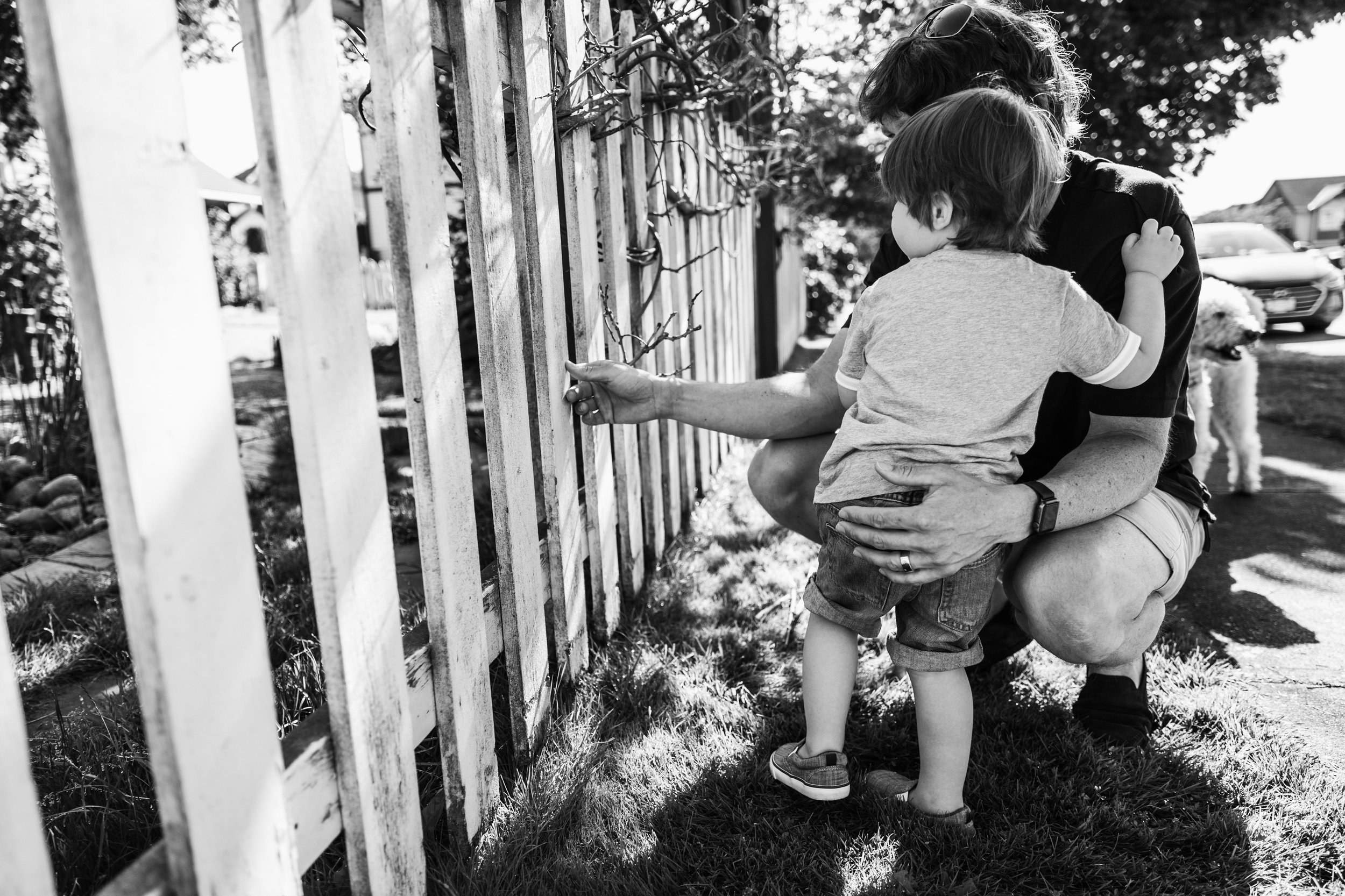 dad squatting down with young child looking through fence