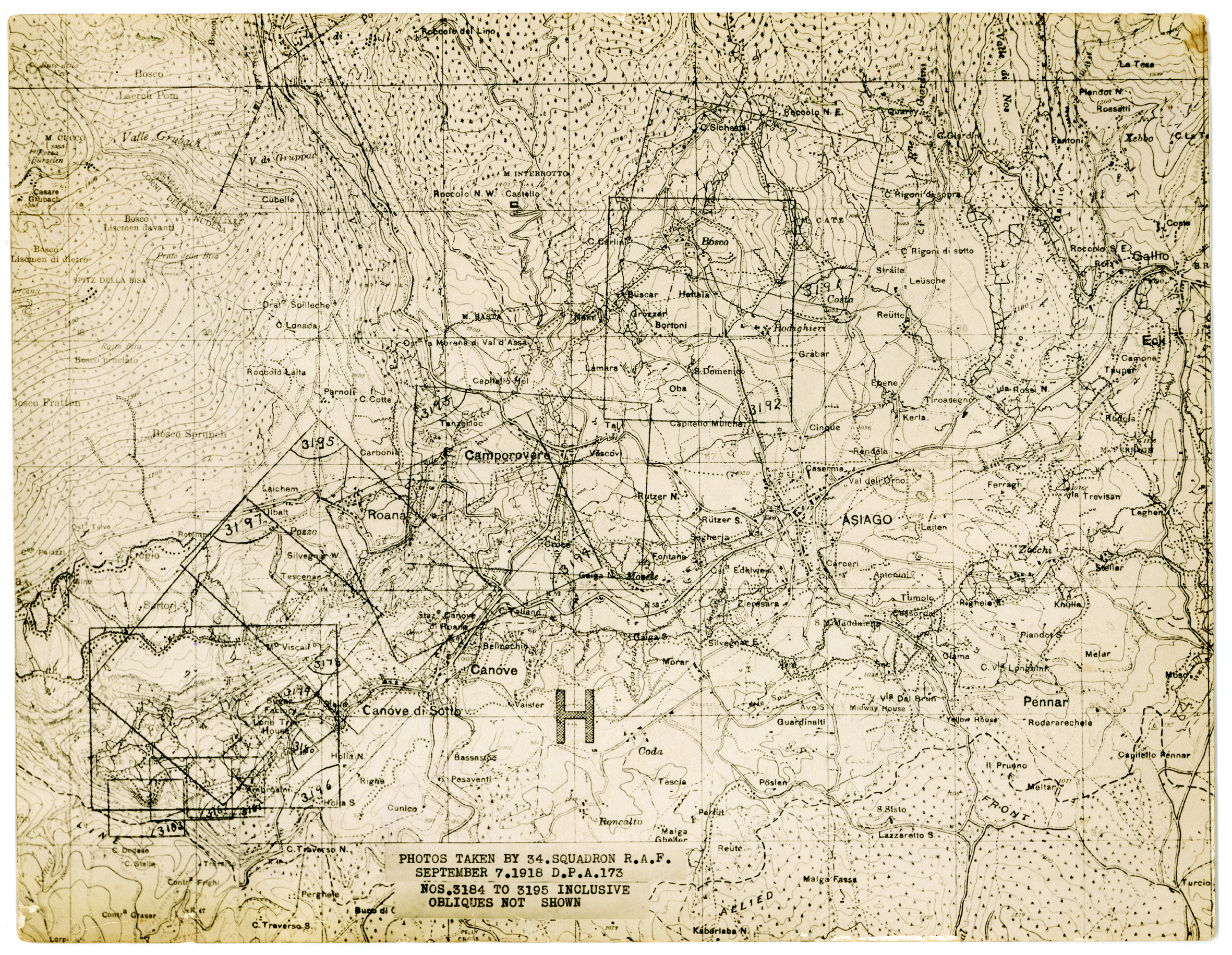 Mappa dell'Altopiano di Asiago realizzata dall'aviazione militare britannica