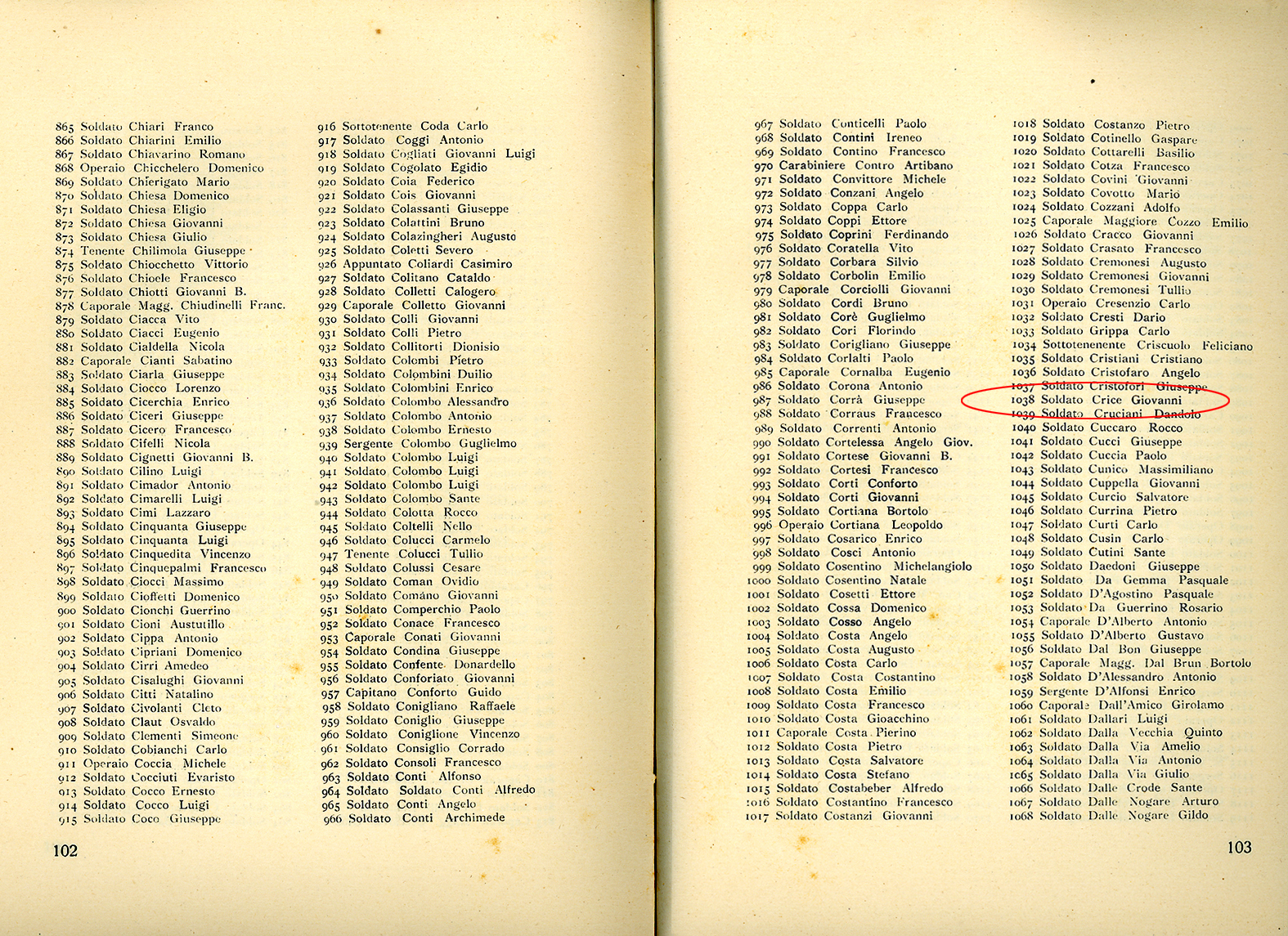 10 - Caduti di guerra che riposano alla S.S. Trinità di Schio dal n° 865 al n° 1017 col n° 1038 evidenziato.JPG