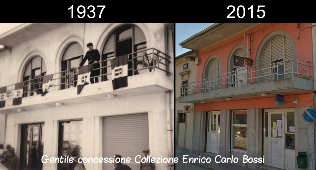 L'esterno del cinema di Klana nel 1937 e ritratto ai giorni nostri