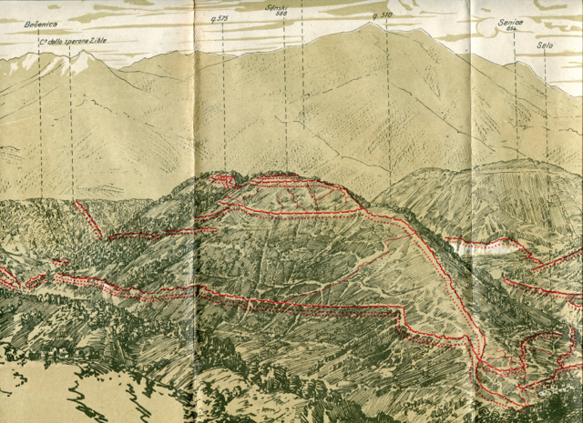 Veduta di Santa Lucia in una stampa della Sezione Informazioni del Regio Esercito Italiano. Sono tracciate le linee austriache.