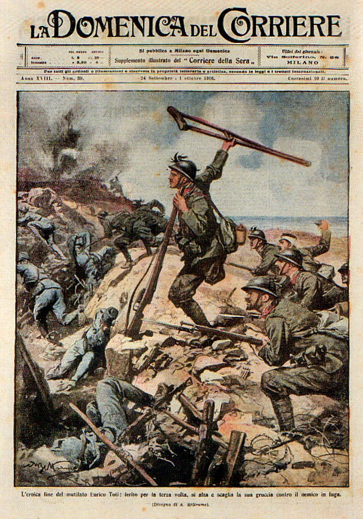 La Domenica del Corriere celebra in una tavola di Achille Beltrame l’eroismo dei Bersaglieri e di Enrico Toti nei combattimenti del 6 agosto del 1916 a q. 85