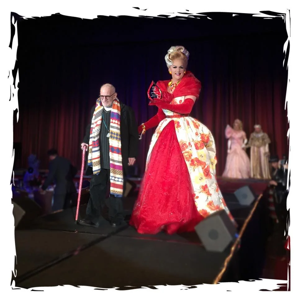  Doris Dear escorting Larry Kramer at Night of 1000 Gowns, 2015 in a custom designed and built gown