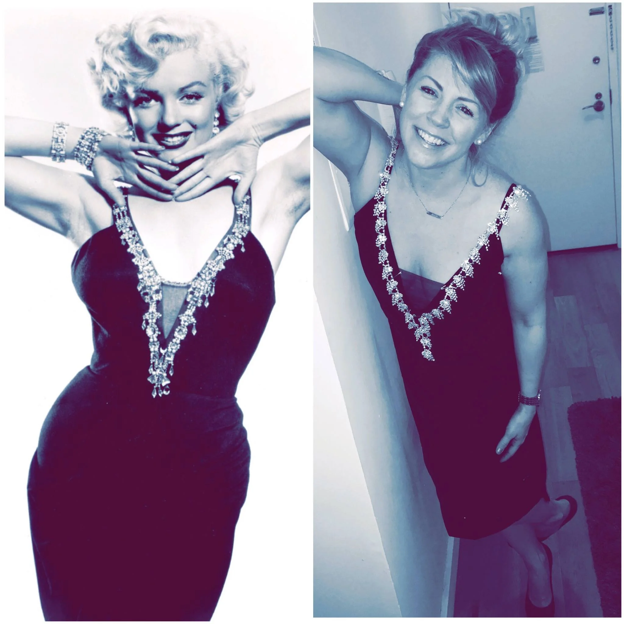 Marilyn Monroe in an un-filmed gown worn for a publicity shoot. Erin Sullivan in a fitting for a gown inspired by Marilyn's 