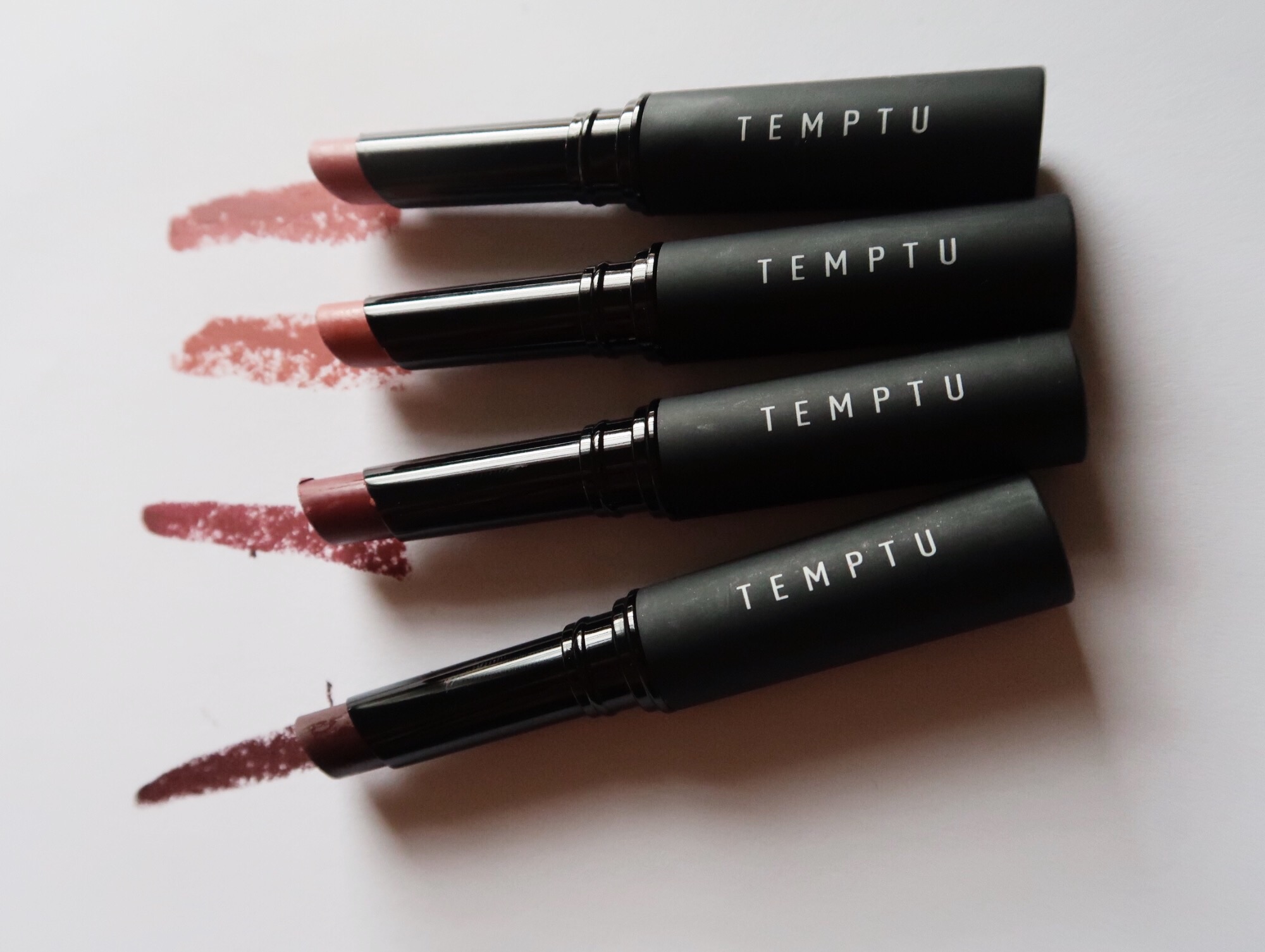 From top to bottom: Rose Velveteen, Blushed Suede, Plush Plum, and Jet Rouge