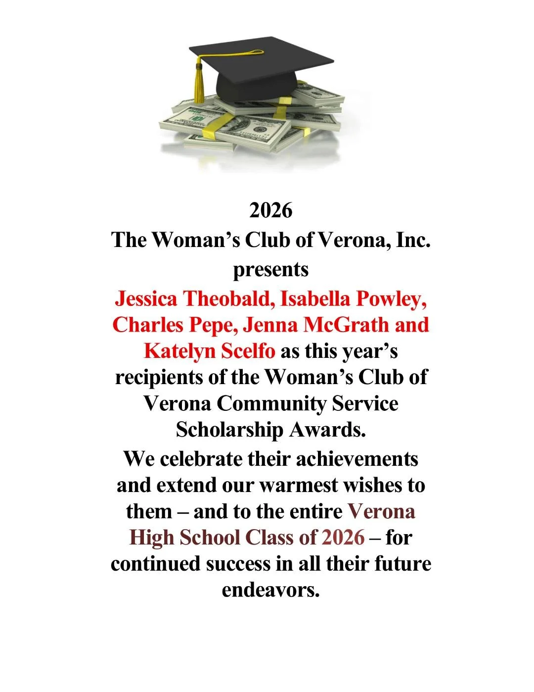 image of the 2026 scholarship announcement for the recipients who were Jessica Theobald, Isabella Powley, Charles Pepe, Jenna McGrath, and Katelyn Scelfo