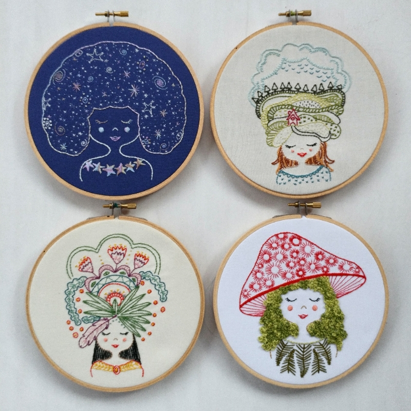 i finished up my galaxy girl ! i added more stars to her big, beautiful hair to give the galaxy more dimension, and i really LOVE how it turned out. here she is with the rest of the gorgeous girl gang: flower girl , home girl , and mushroom girl . all four of these lovelies are available here in the shop !