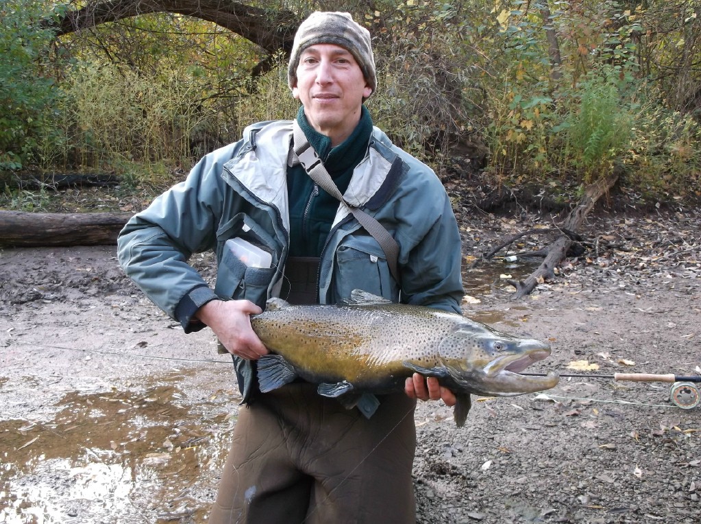 Knotty Egg creator Tom Barton showing off a monster brown caught on a peach knotty egg.