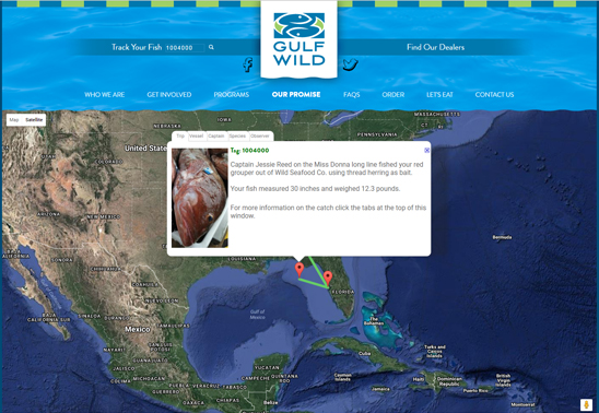 TransparenSea is the web portion of the tagging program. Find the "Track Your Fish" feature on the Gulf Wild website. Then either scan the QR number or type it in to the block. There you can click through the tabs to see more information on the fish type, name and background of the captain, fish house and city where the seafood landed, and the 10 square mile area in the Gulf of Mexico where the fisherman caught your seafood.