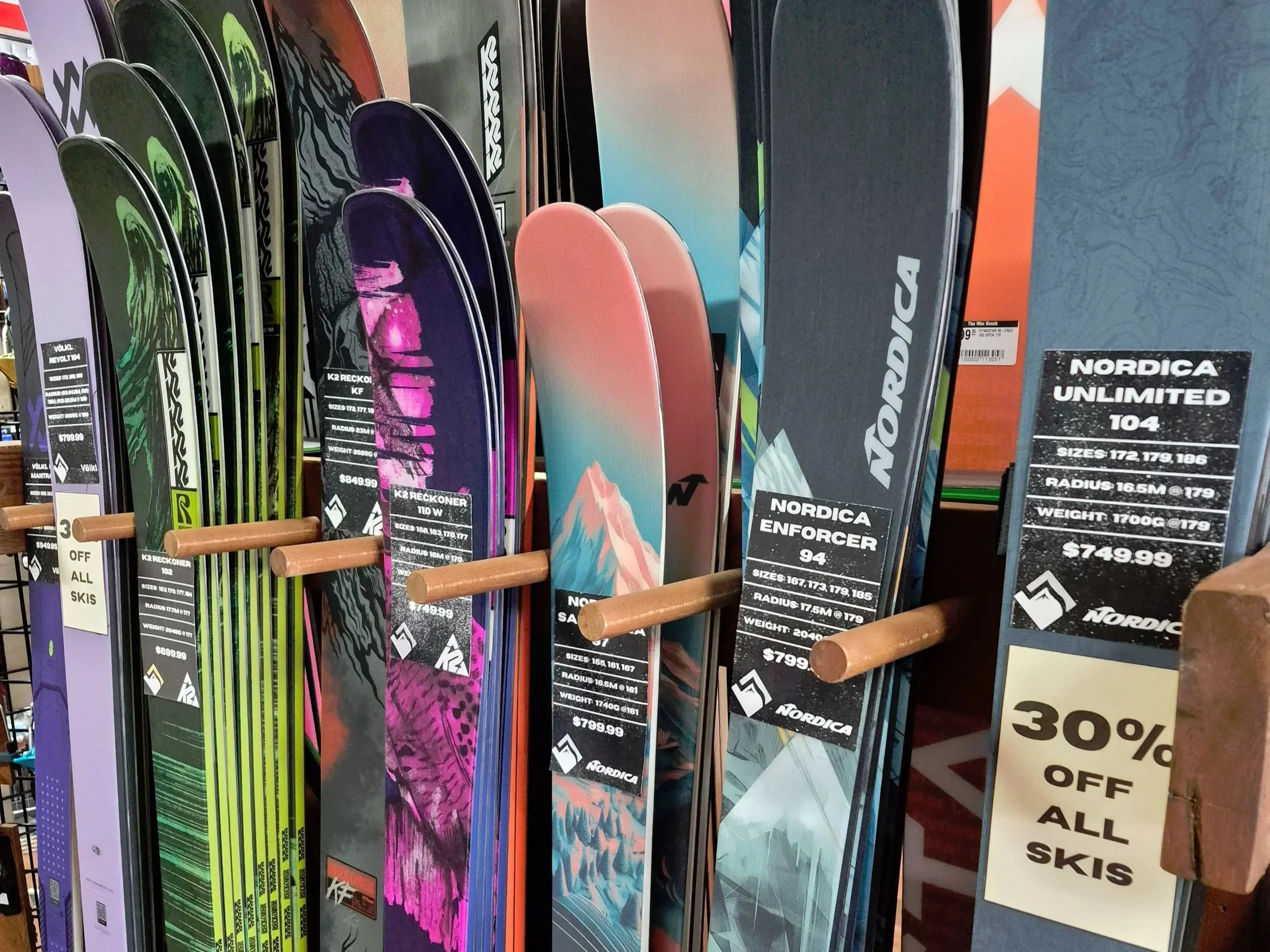 ski sale on now, Revelstoke ski and bike shop. The Wax Bench. Nordica, Volkl, K2, Atomic, Dynsastar.
