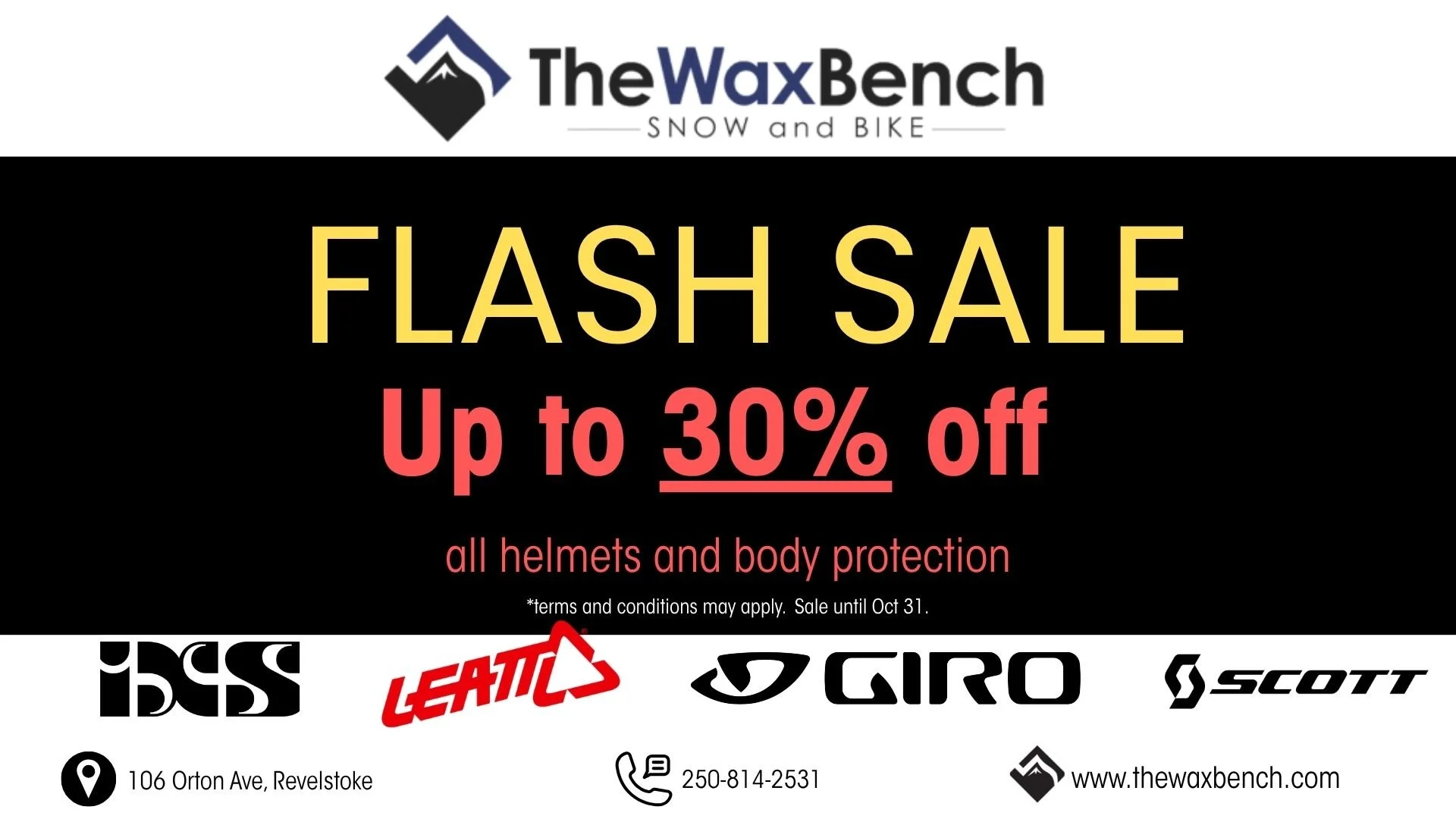 flash sale, bike helmets and protective gear. Revelstoke bike and ski shop