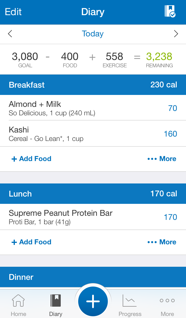 Here is a look at my diary on MyFitnessPal.