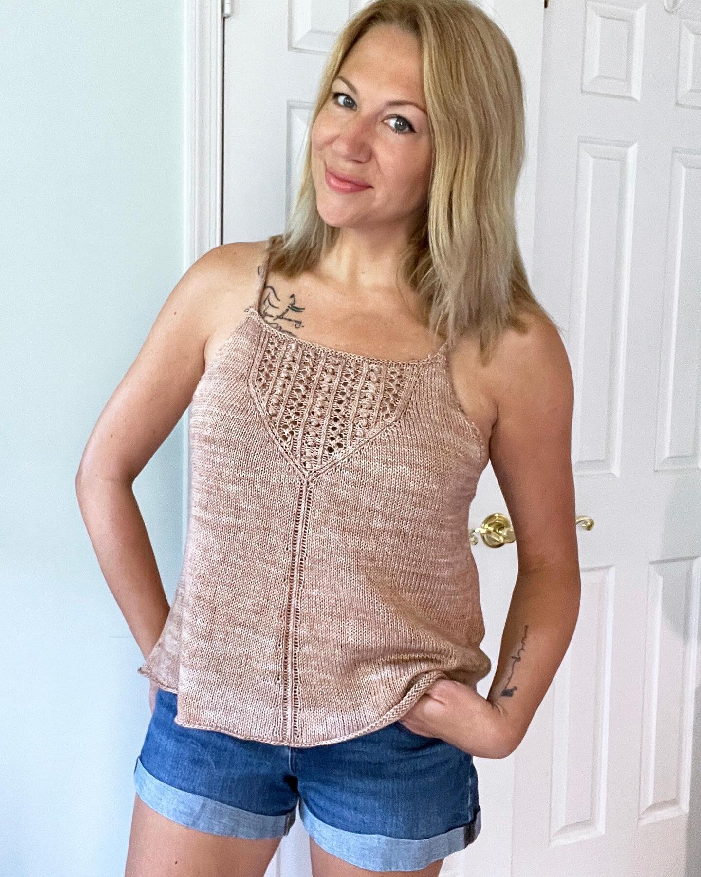 And it&rsquo;s done! My Gelato Tank top (by @gabrielleknits ) is all finished, blocked, and looking gorgeous in @magpiefibers Equinox. 
I knit the A-line shaped body and my only modification was to skip the garter stitch hem and go with a rolled hem 
