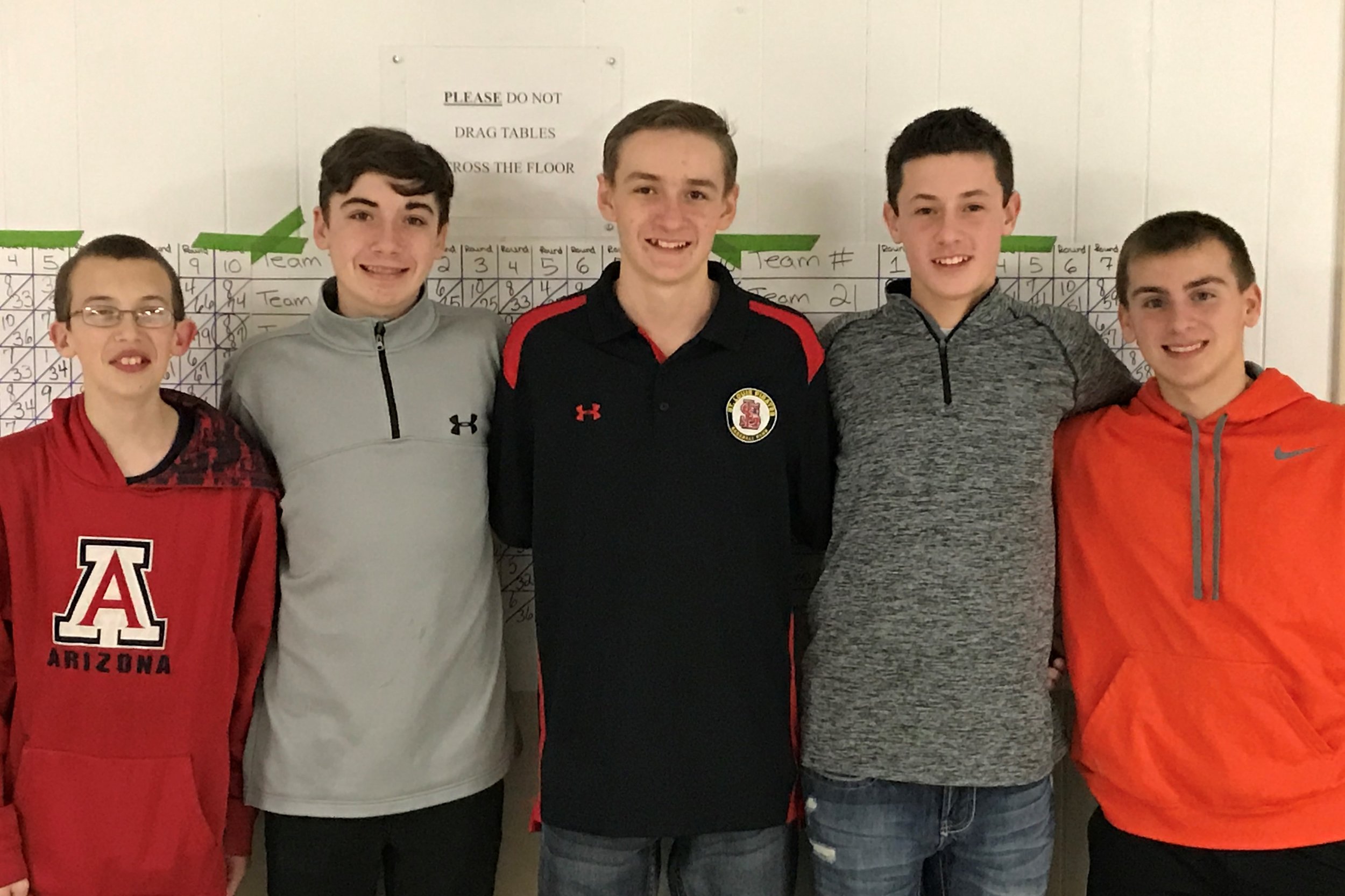 FIVE VOLUNTEER RUNNERS FROM GILLESPIE MIDDLE SCHOOL (L to R): Trenton Gill, Preston Kaylor, Anthony Ribes, Cameron Hailstone, and C.J. Frensko