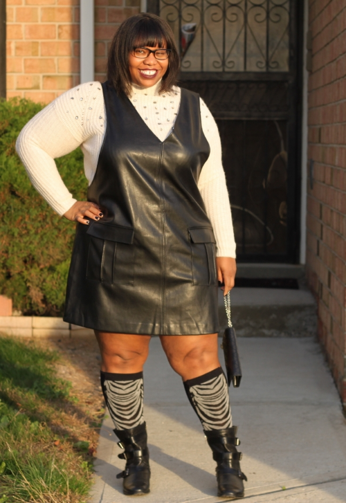  Rocking a Lane Bryant Embellished Sweater with a Forever 21+ Faux Leather Dress