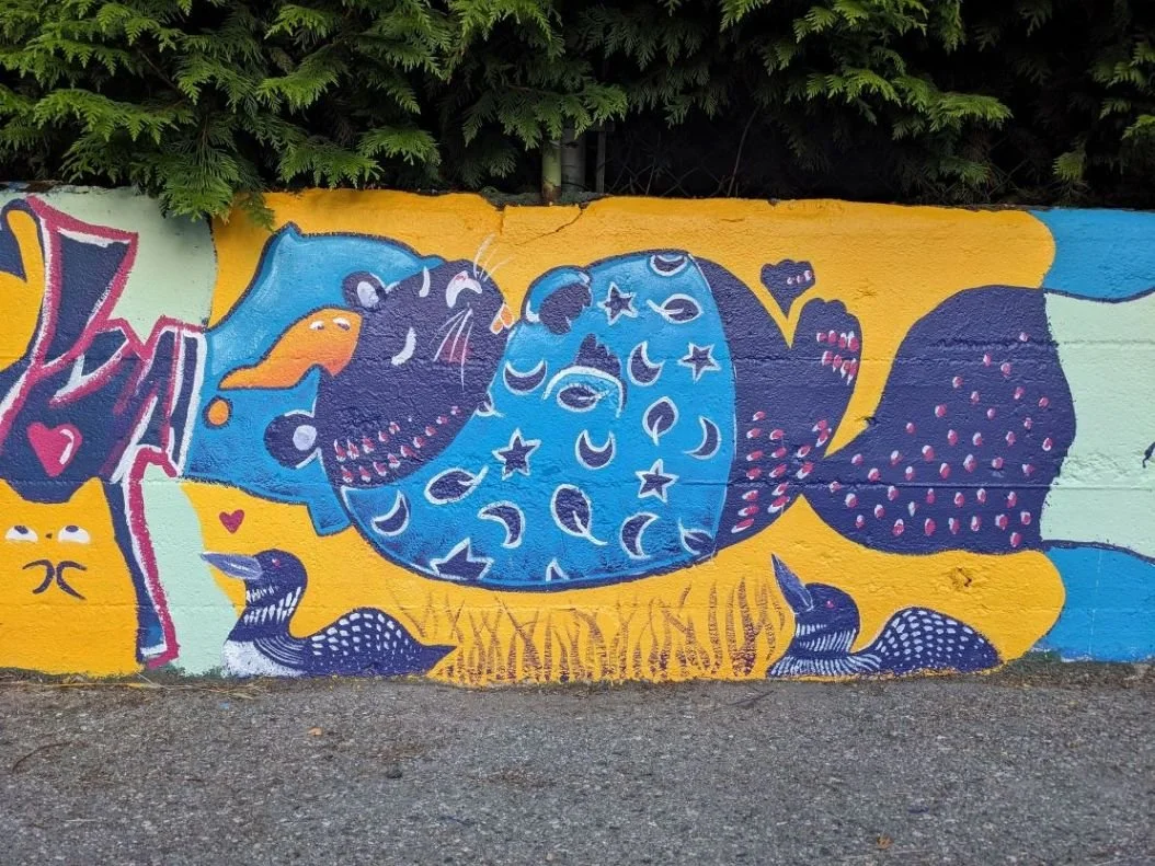  vancouver mural festival, mount pleasant  70'x2', exterior latex paint on concrete  happen stance collective  vancouver, bc / 2024 