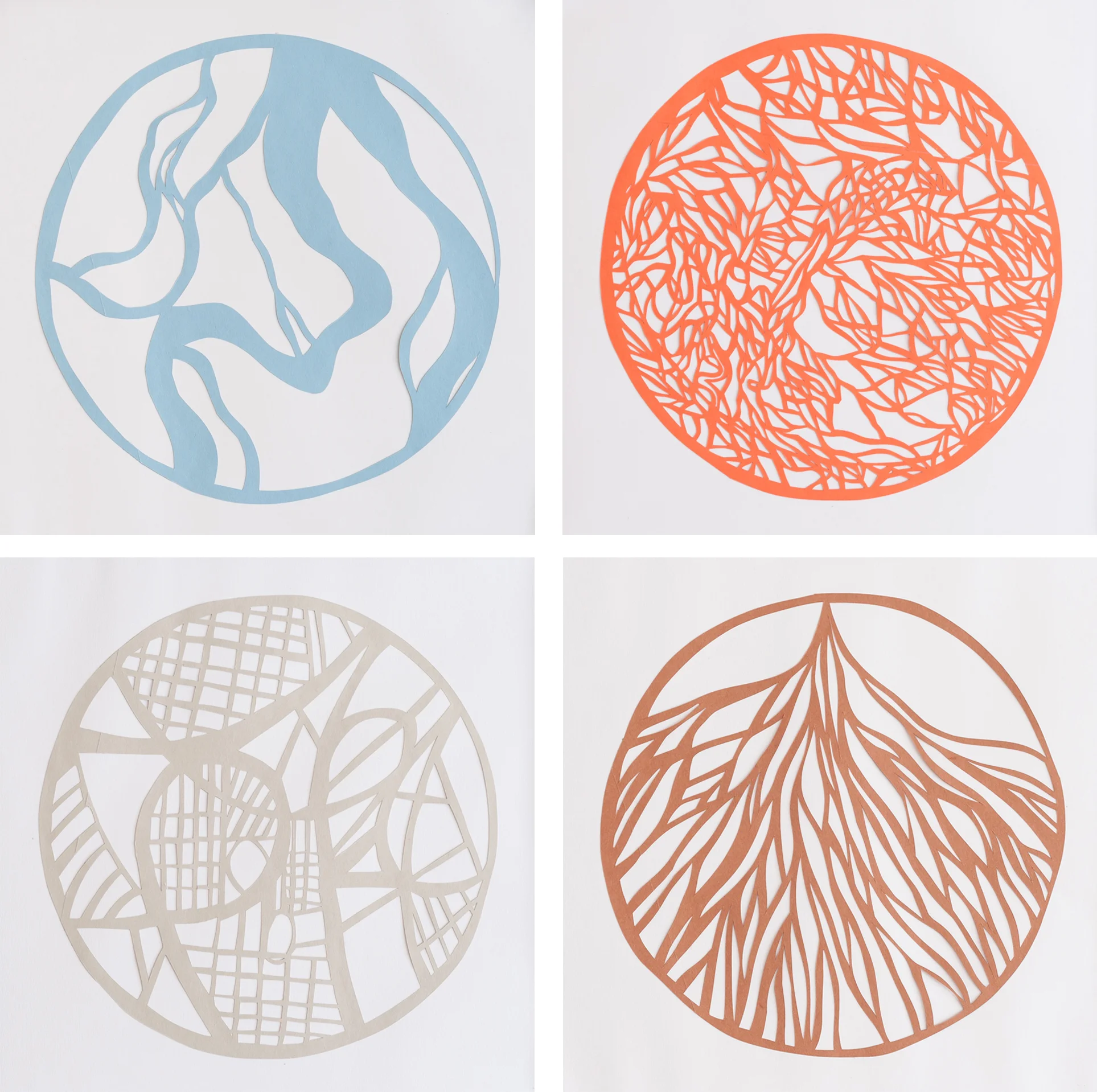Path s : "River" "Vessel" "Interstate" "Root" 2012 Cut Paper mounted on Bristol Board 19x24 inches each