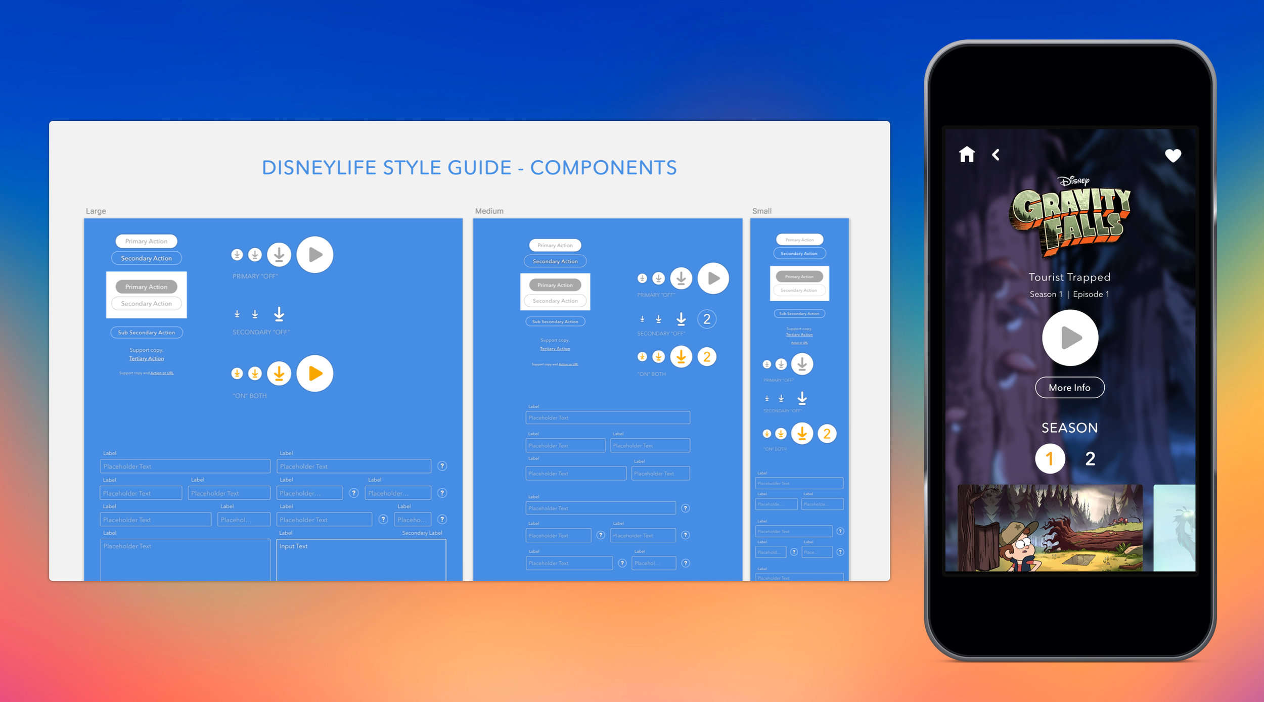 The UI components section of our DisneyLife style guide and an example of its implementation. 