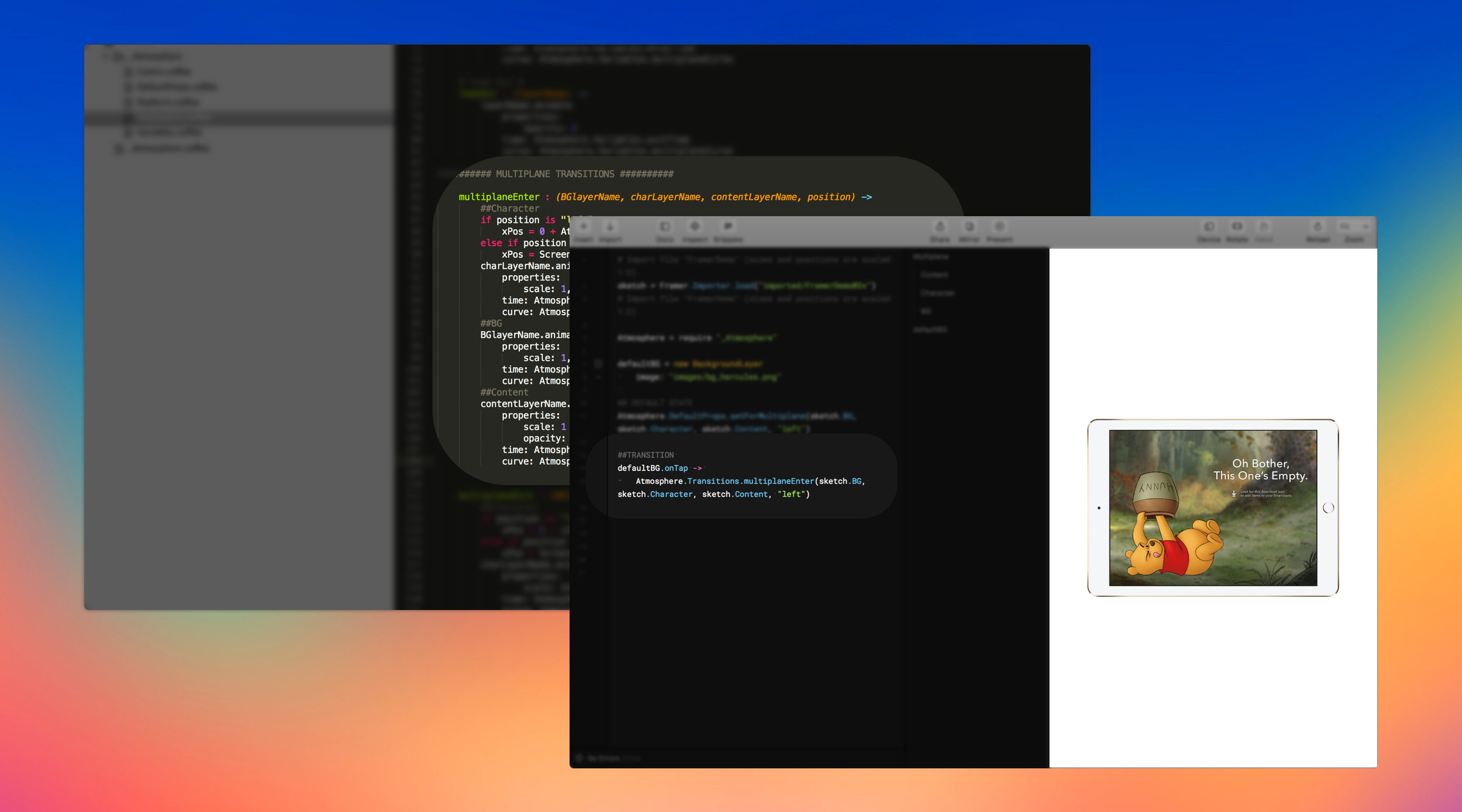 Our Transitions Library (shown in back) allows us to pull a heap of functionality into Framer (shown at front) with a few lines of code. A special thanks to the team at Walt Disney Parks and Resorts Online for their inspiration and guidance in this endeavor. 