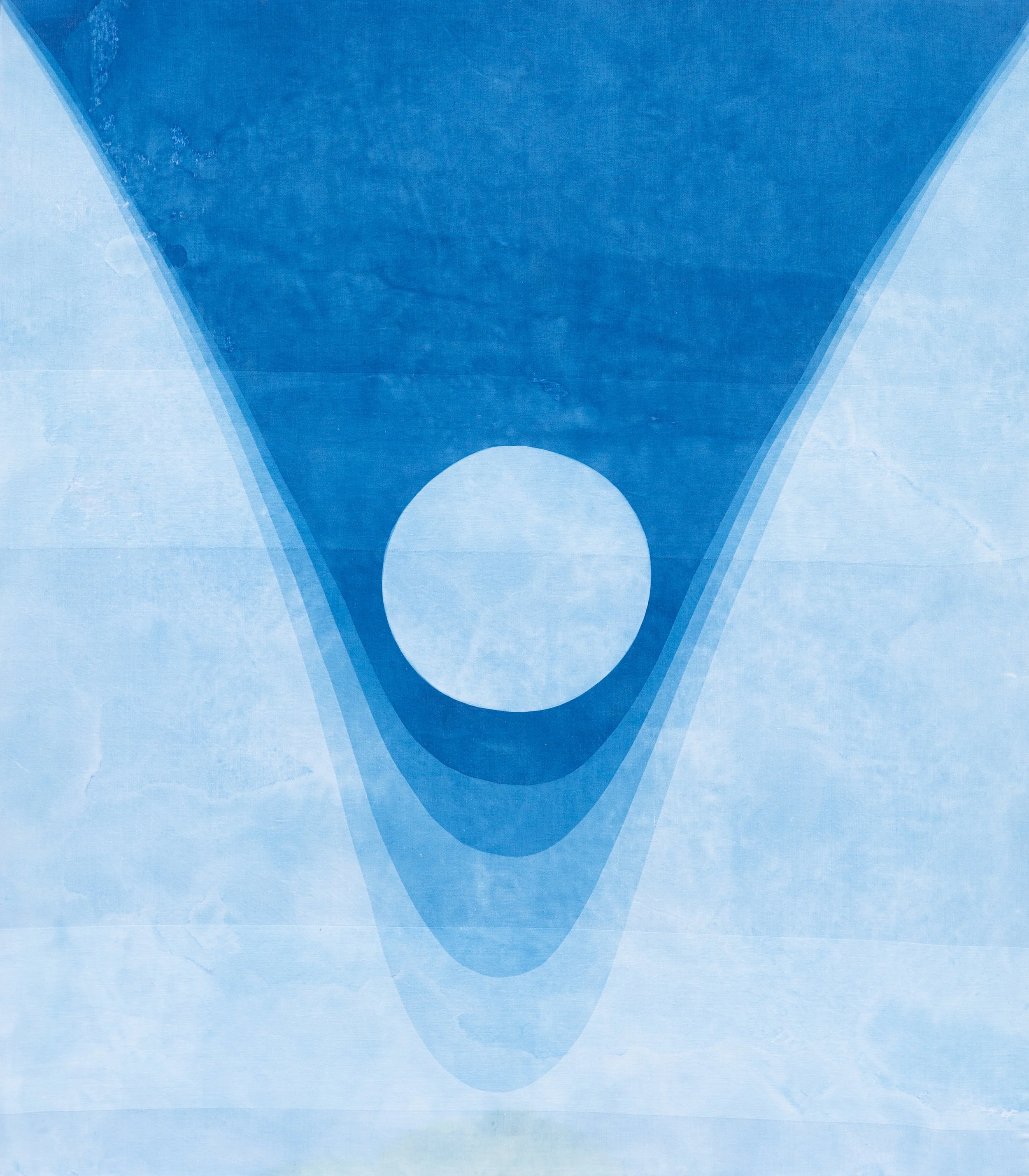 moonset, 2019, cyanotype on vintage linen damask stretched on wood frame, 32" x 28"