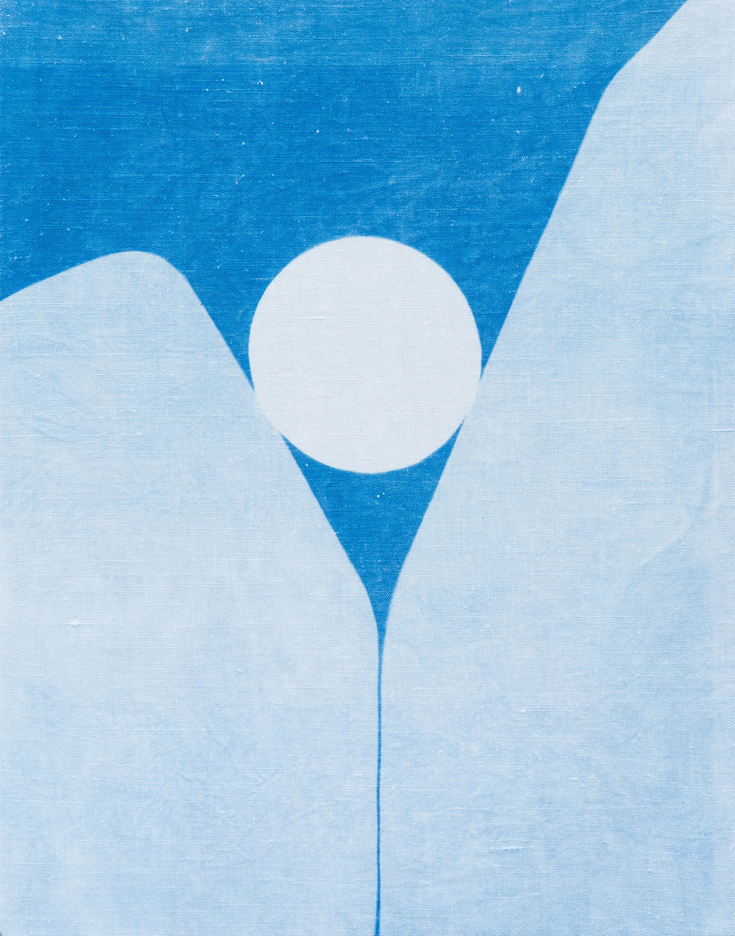 light mountain moon, 2019, cyanotype on vintage cotton stretched on wood frame, 14" x 11"