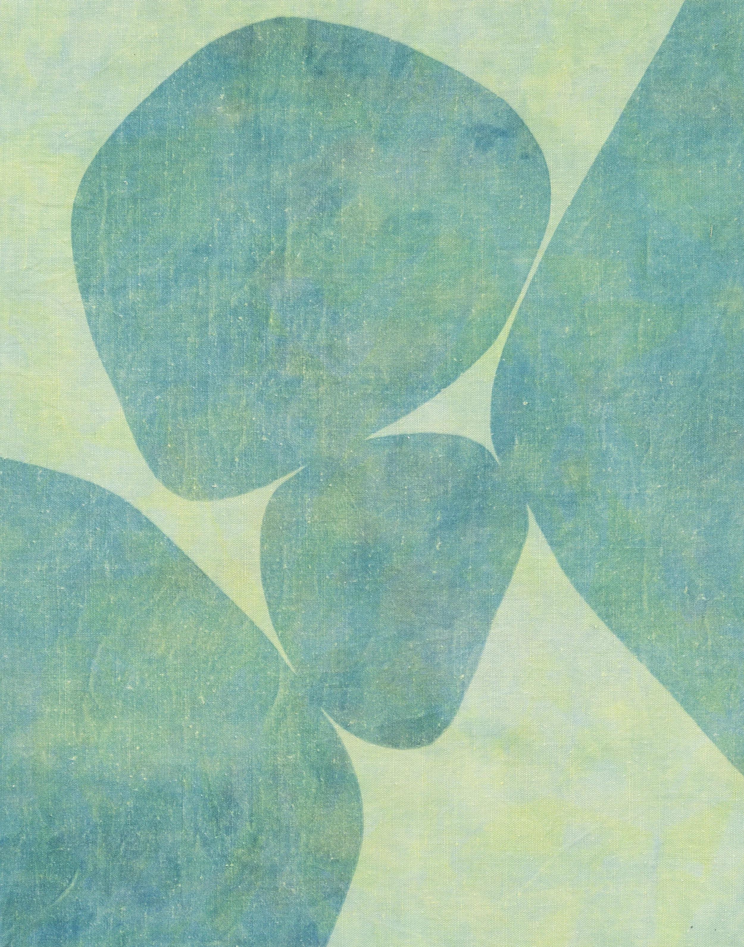 stuck in shadow, 2019, turmeric toned cyanotype on vintage cotton stretched on wood frame, 14" x 11"