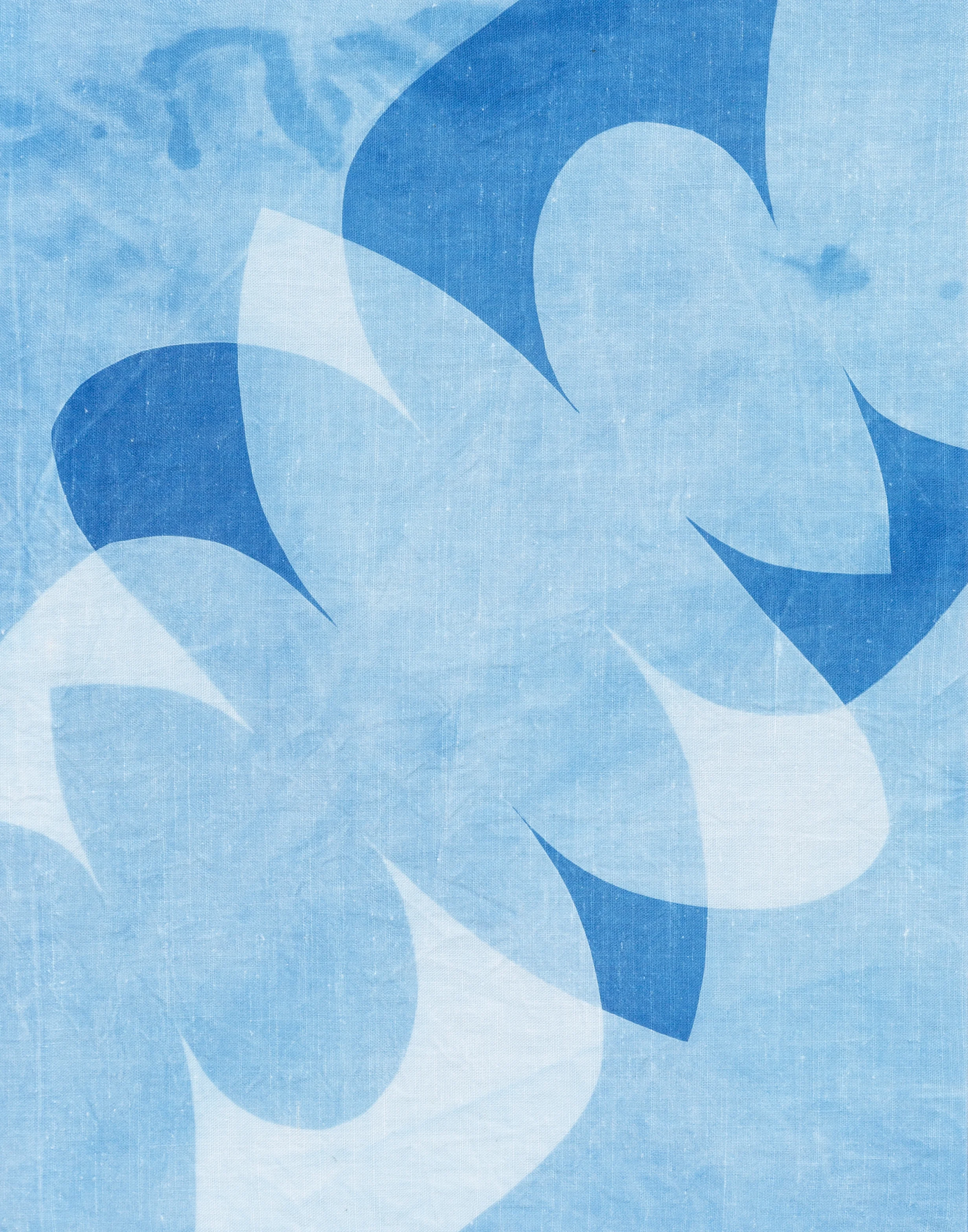 blooming stones, 2019, cyanotype on vintage cotton stretched on wood frame, 14" x 11"