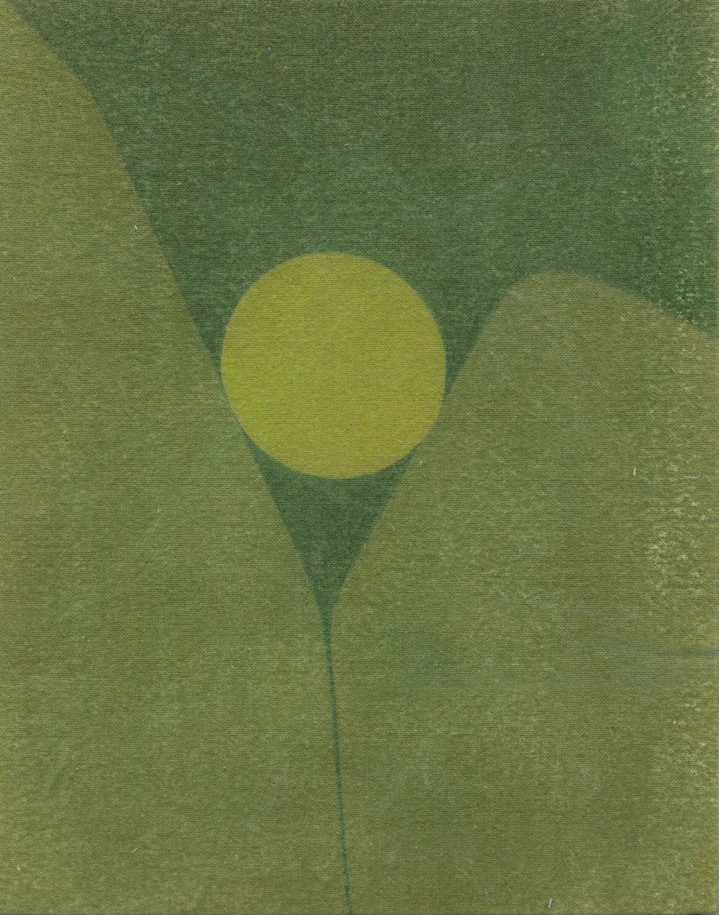 light mountain moon in green, 2019, photosensitive dye on canvas stretched on wood frame, 14" x 11"