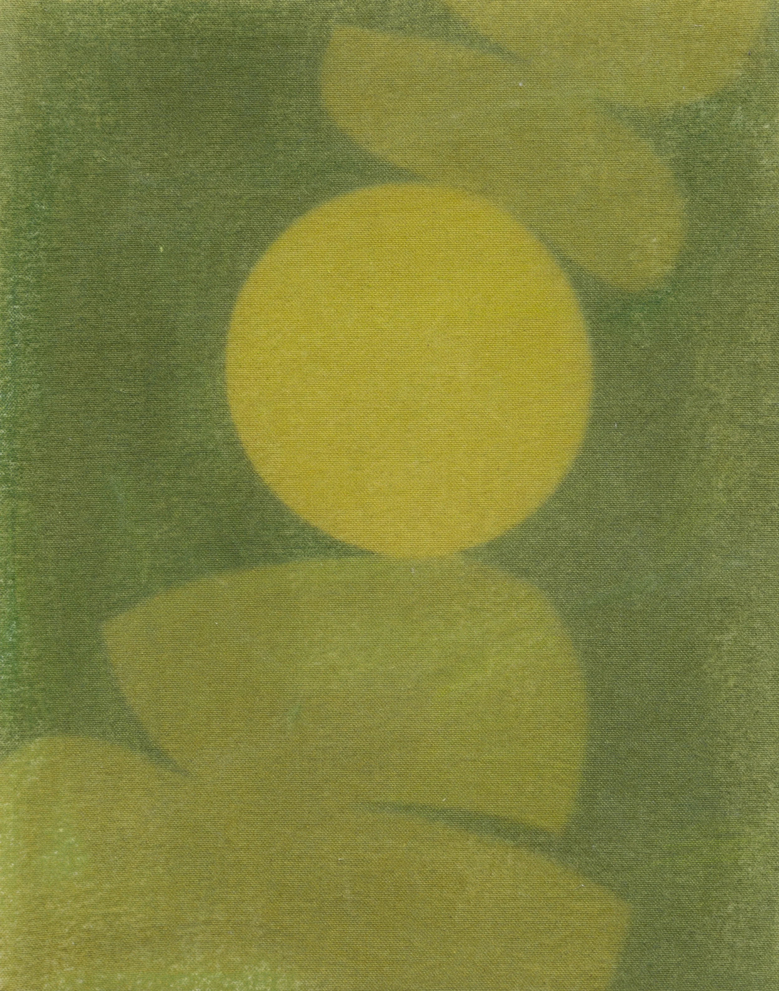 between stones II in green, 2019, photosensitive dye on canvas stretched on wood frame, 14" x 11"