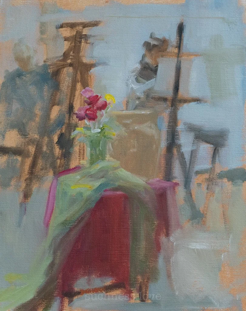 An impressionistic painting of a still life scene with a pink flower bouquet in a green vase, placed on a table with a red cloth, surrounded by art easels and paintings in the background.