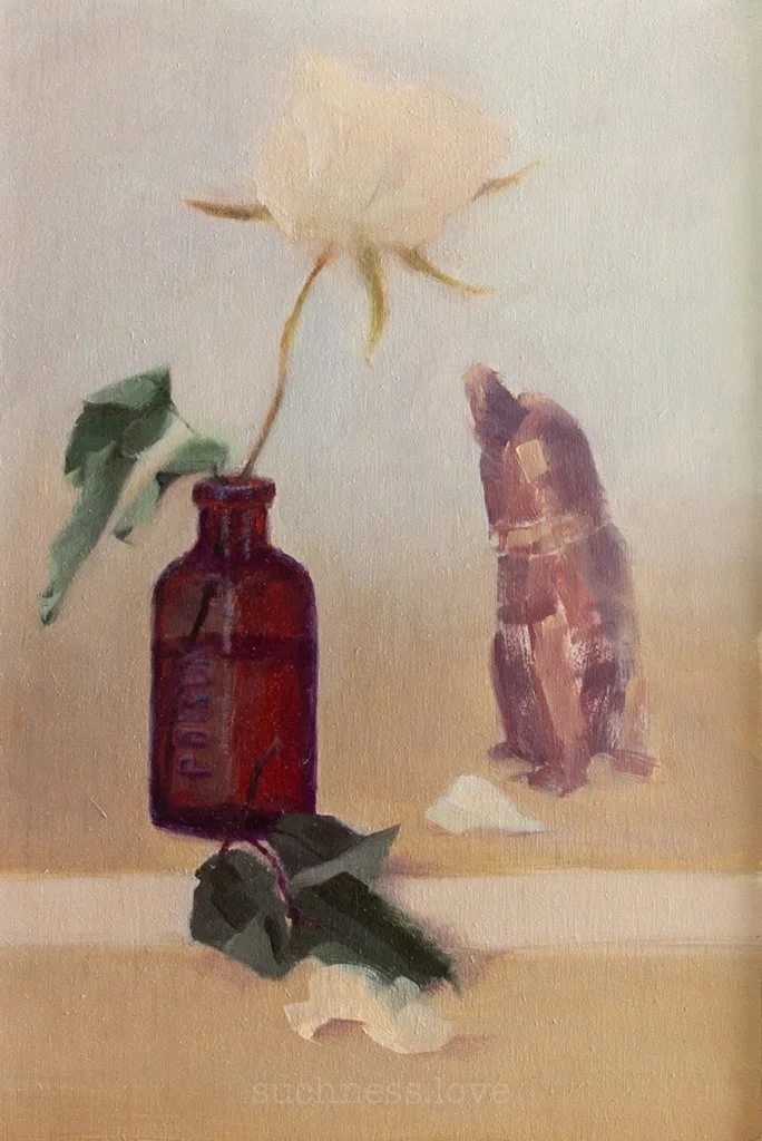 A painting of a dark red medication bottle with a white flower and green leaves inside, placed on a beige surface with a neutral background.