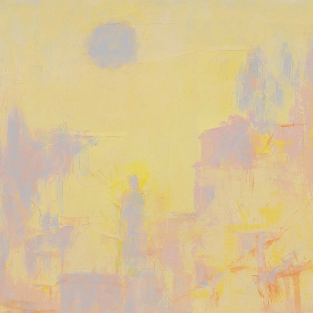 Abstract painting with soft pastel hues of yellow, pink, and light purple, depicting a cityscape with blurry buildings and a faint figure in the foreground.