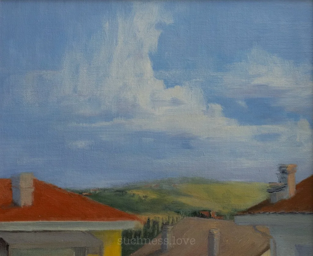 A landscape painting of rooftops with red tiles, chimneys, green hills in the background, and a partly cloudy blue sky.